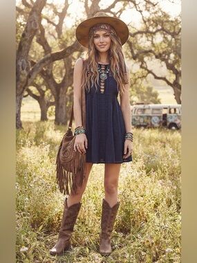 Free People Wherever You Go Crochet Mini Dress in Navy Blue Sleeveless Size 0